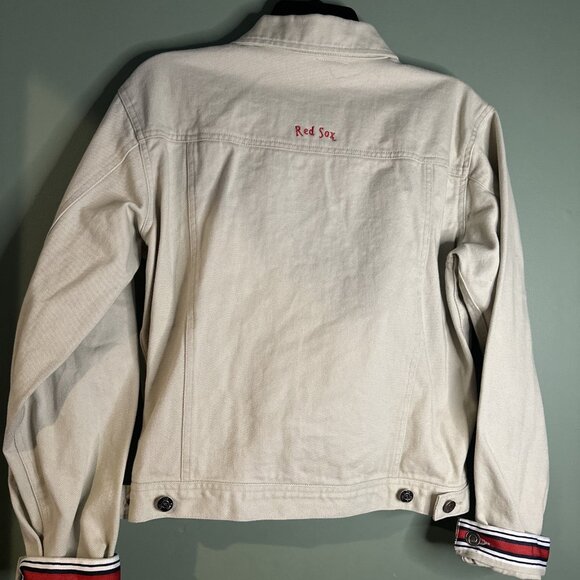 Boston Red Sox Women’s Trucker Jacket Sz L Embroidered Logo Button Down Beige - Picture 7 of 7